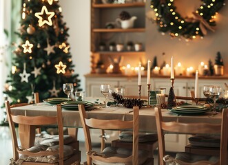Stylish dining room set for a Christmas dinner, with a green and beige color scheme