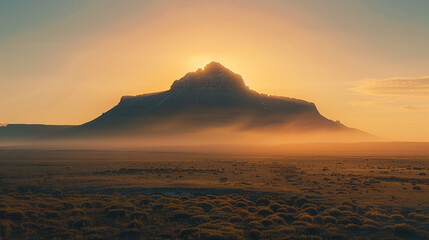 The dramatic silhouette of a solitary mountain rising from the plains, shrouded in mist at dawn.