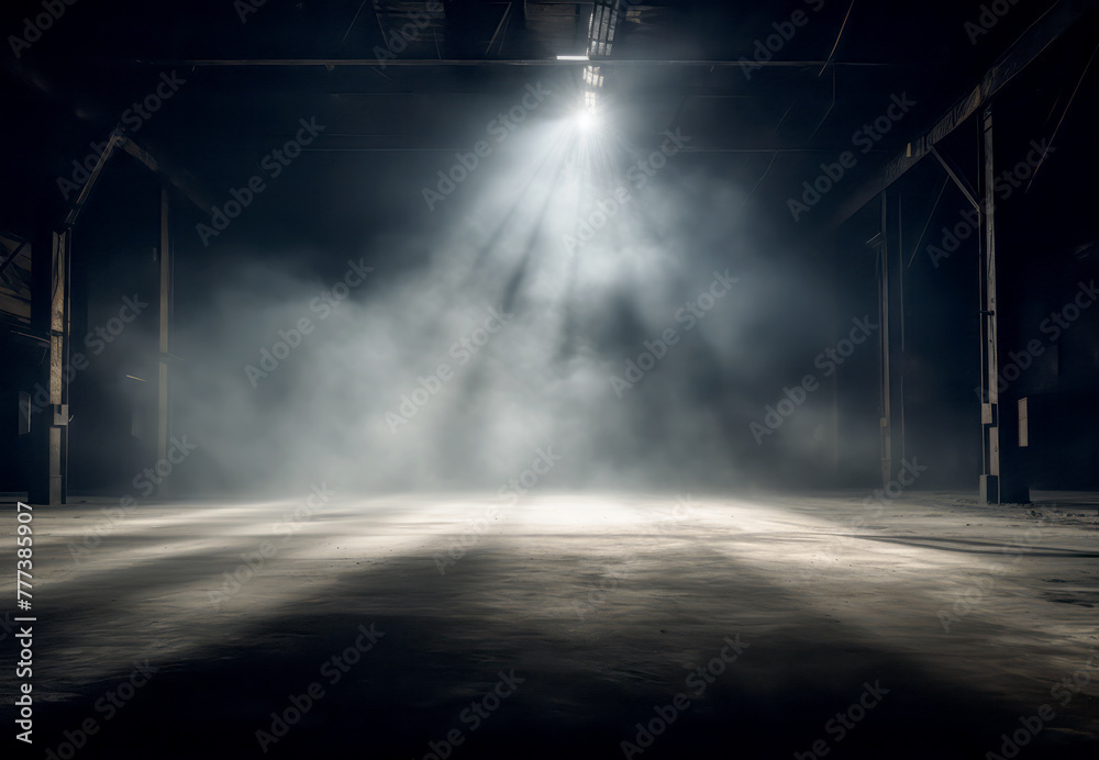 Poster spotlights on smoke in a dark room, creating a theatrical and mysterious ambiance. generative ai