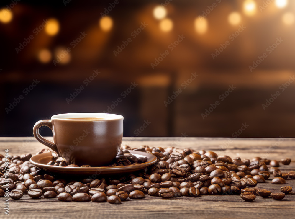 Poster coffee cup with saucer on wooden table, surrounded by beans, festive bokeh backdrop. generative ai