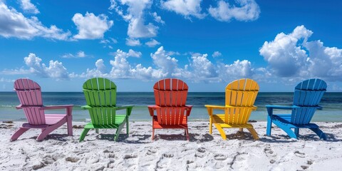 colorful wooden chairs on the beach with a blue sky and white sand. - obrazy, fototapety, plakaty