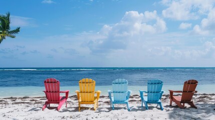 colorful wooden chairs on the beach with a blue sky and white sand.