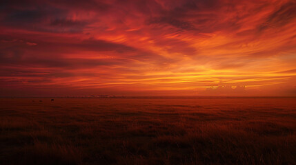 The fiery hues of sunset painting the sky above the expansive plains of the Serengeti, as far as...