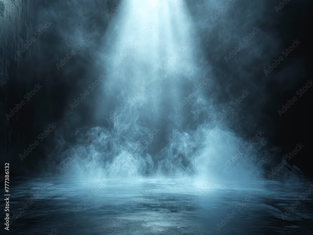 Poster intense spotlight creating ethereal shapes in the swirling smoke on a dark stage. generative ai