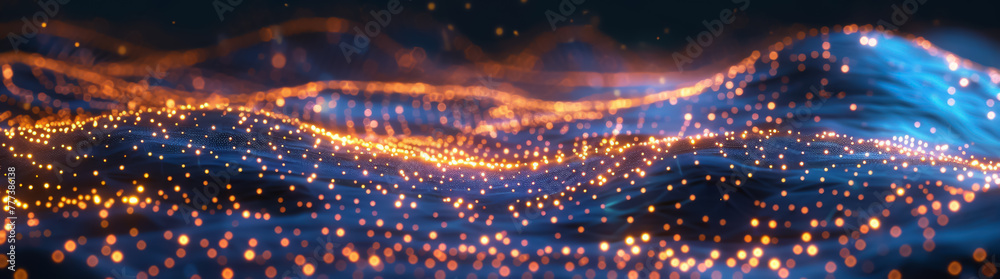 Aufkleber abstract digital landscape of blue and orange dots with wavy lines, symbolizing connection and flow