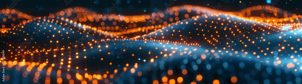 Poster Abstract digital landscape of blue and orange dots with wavy lines, symbolizing connection and flow