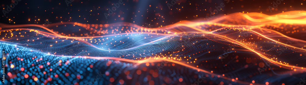 Poster abstract digital landscape of blue and orange dots with wavy lines, symbolizing connection and flow