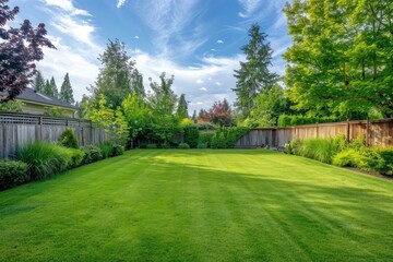 Backyard green grass area surrounded by wooden fence.