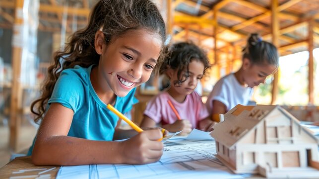 Joyful girl drawing in an art class with friends, with a wooden house model on the table, creative learning environment.