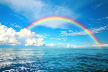A rainbow arching over the ocean symbolizes hope and joy.