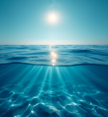 Calm ocean surface with sparkling sunlight, clear blue water and sandy bottom. Generative AI