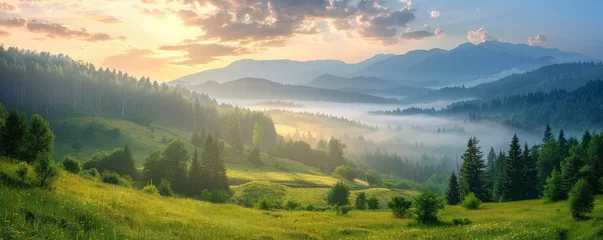  Beautiful panoramic landscape with green meadows, mountains and forest in the misty valley at sunrise. summer nature background. fantasy natural scene © MSTSANTA