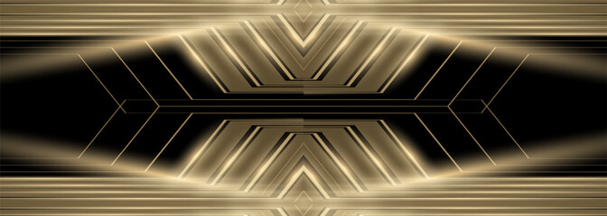 Black and gold luxury wide abstract banner background with golden lines and geometric shapes. Vector Art deco illustration