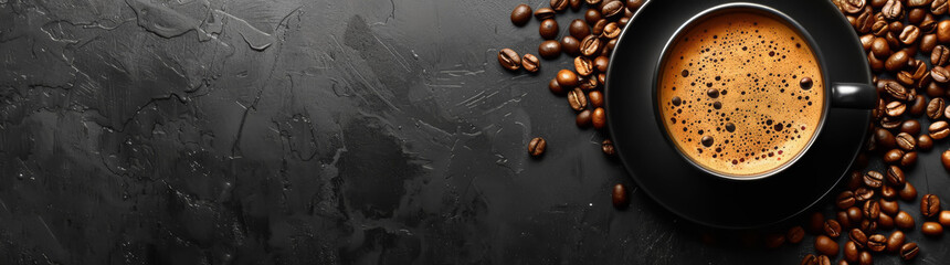 Artful composition of coffee beans and a cup of frothy cappuccino on dark background