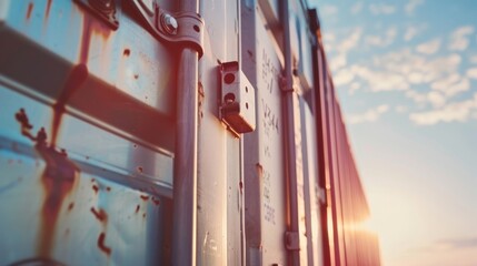 Close-up of rusty locking mechanisms on cargo container at sunset - Powered by Adobe
