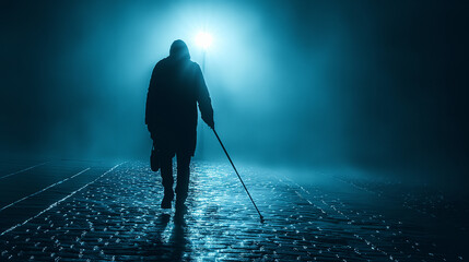 Blind man. People with disabilities, disabled people and everyday life. Visually impaired man with a cane
