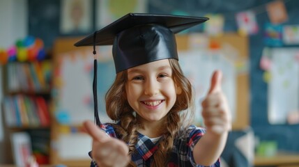 Smiling child in graduation cap giving thumbs up. - obrazy, fototapety, plakaty