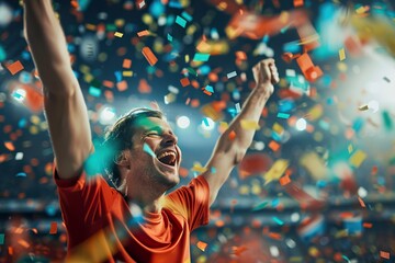 Victorious Elite Athlete Celebrating Win in Stadium Amid Confetti Cascade