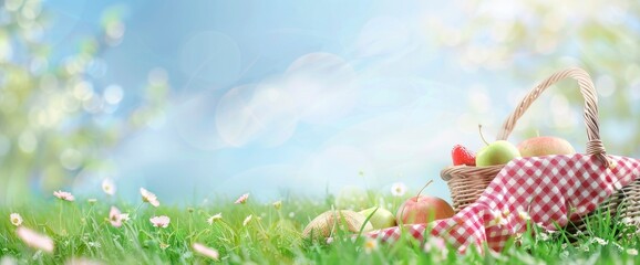 picnic with basket, blanket and food on grass meadow, blue sky background with copy space