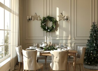 Stylish dining room with table set for Christmas dinner, green and beige color scheme, decorated...