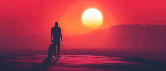 Solitary golfer silhouetted against a surreal red sunset in a tranquil desert