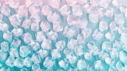 A banner panorama featuring a uniform layout of translucent ice cubes, set against a gradient bluish background, mimicking a seamless frozen texture.