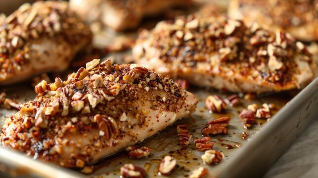 Pecan-crusted chicken breasts on a white serving platter.