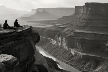 Two silhouetted figures sit atop a rugged cliff edge, overlooking the expansive, eroded canyon...