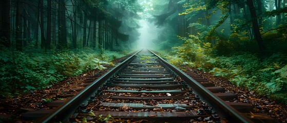 The Benefits of Train Transport Over Trucks: Railway Track in Lush Greenery. Concept Benefits of Train Transport, Railway vs Trucks, Environmental Impact of Trains - obrazy, fototapety, plakaty