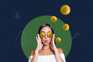 Creative collage picture young lady blow lips elegant glamour look eyeglasses golden coins surreal caricature drawing background