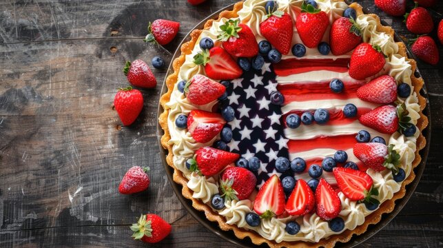 American flag-inspired tart with strawberries, blueberries, and whipped cream.