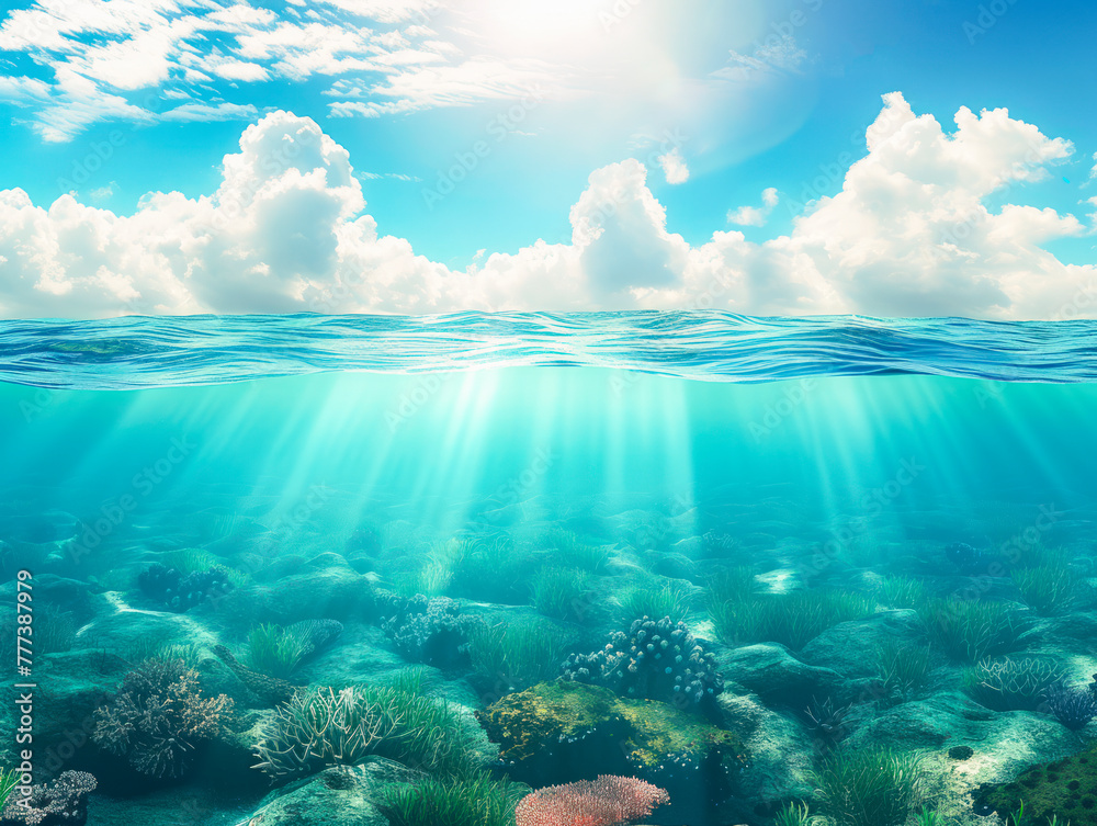 Poster split level underwater seascape with coral reef and sunlit sky. ecosystem diversity concept. generat
