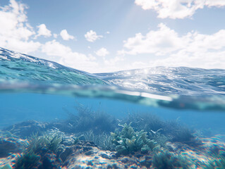 Split view of crystal clear water and underwater coral reef. Marine ecosystem concept. Generative AI