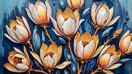 Fototapeta premium Delicate Beauty in Bloom: Creamy Magnolia Flowers Bathed in Dew and Adorned with Azure Butterflies