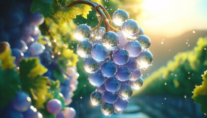 A bunch of crystal grapes hanging on a vine. The grapes should look like they are made of translucent glass, with light refracting