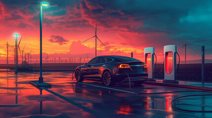 Charging sources for electric vehicles amid renewable energy sources such as wind turbines and solar panels, an environmentally conscious move towards electric mobility - obrazy, fototapety, plakaty