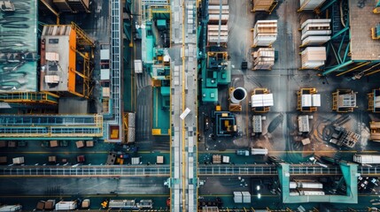 Aerial view of an industrial facility with equipment, storage areas, and structured paths, showcasing the complexity of manufacturing operations. - obrazy, fototapety, plakaty