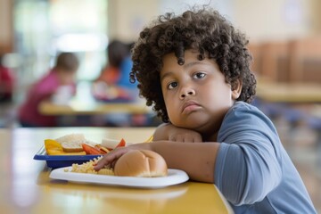Thoughtful child with obesity sitting at cafeteria table with lunch tray