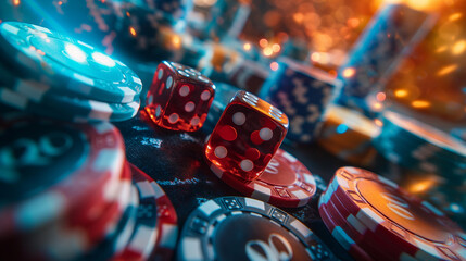 dice and chips on a bright table for playing in a casino - obrazy, fototapety, plakaty