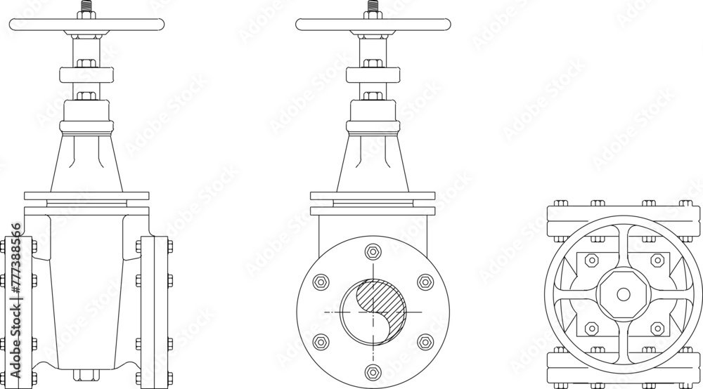 Wall mural vector design sketch illustration, technical drawing of iron pipe fittings, joints and parallels