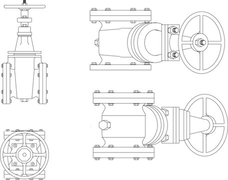 vector design sketch illustration, technical drawing of iron pipe fittings, joints and parallels and faucets