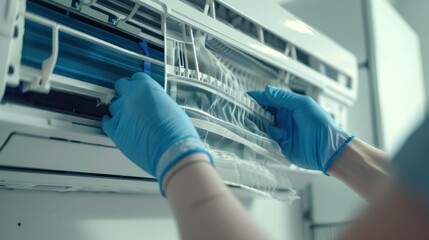 Person in blue gloves servicing an air conditioner, checking filters for maintenance or cleaning. Indoor setting, focus on hands and AC unit.