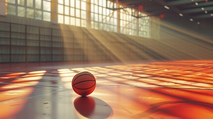 a captivating AI-generated composition that portrays the tranquility of a basketball ball lying on the floor in a sports arena, with sunlight casting enchanting patterns across the gym attractive look