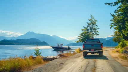 Pickup truck towing a boat on a dirt road near a scenic lake - Powered by Adobe