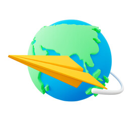 3D cartoon yellow paper airplane flying around the globe. Paper airplane left white trail from its flight. Design element for concepts of ingenuity, exploration, communication. Vector illustration.