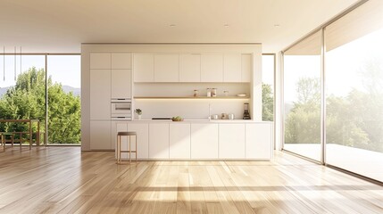 Obraz premium modern kitchen with minimalist furniture, shelves with crockery and plants, refrigerator, and a cozy table in a simple minimal dining room 