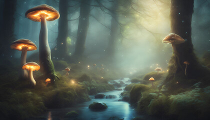 Mystical forest with glowing mushrooms and a babbling brook, surrounded by towering trees and shrouded in mist, ethereal, dreamlike, stylized - obrazy, fototapety, plakaty