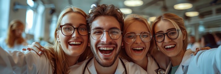 Sunlit success: Doctors celebrate triumph with evident teamwork in clinic - obrazy, fototapety, plakaty