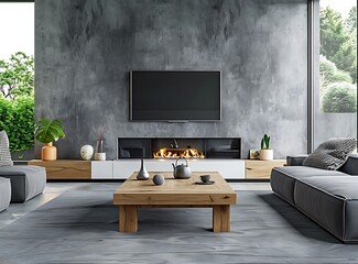 Stylish modern living room with concrete walls, grey sofa and wooden coffee table near fireplace on the wall,