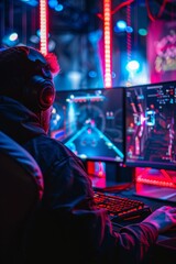 Gamer Engrossed in a Vibrant Cyber Gaming Setup with Neon Lights